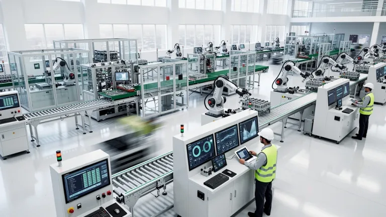 Modern factory floor with automated machinery and technicians overseeing operations, symbolizing industrial growth.