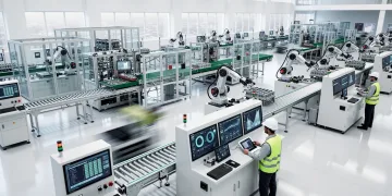 Modern factory floor with automated machinery and technicians overseeing operations, symbolizing industrial growth.