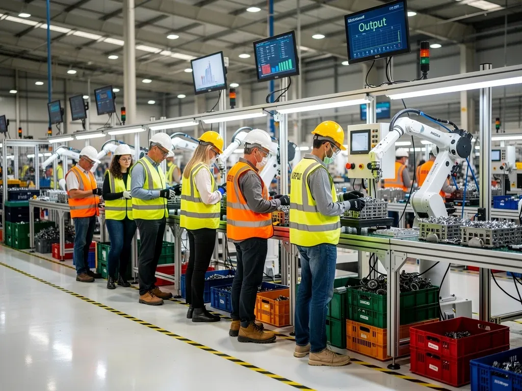 Diverse factory workers collaborating on an assembly line, showing increased employment and operational efficiency.