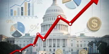 Graph showing rising US federal budget deficit with monetary policy symbols