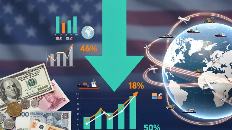 Graphic illustrating U.S. trade deficit contraction with global economic symbols.