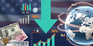 Graphic illustrating U.S. trade deficit contraction with global economic symbols.