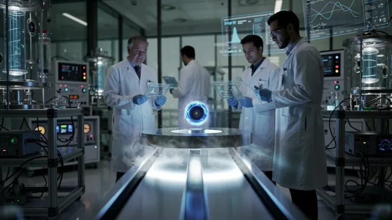 Futuristic lab with glowing levitating object, symbolizing room-temperature superconductivity breakthrough.