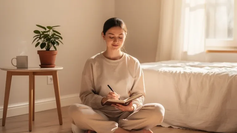 Person engaged in a calm, low-dopamine morning activity like meditation or journaling