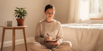 Person engaged in a calm, low-dopamine morning activity like meditation or journaling