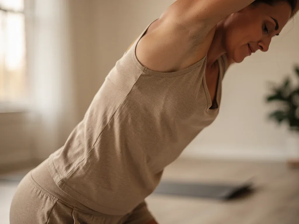 Individual stretching calmly as part of a low-dopamine morning routine