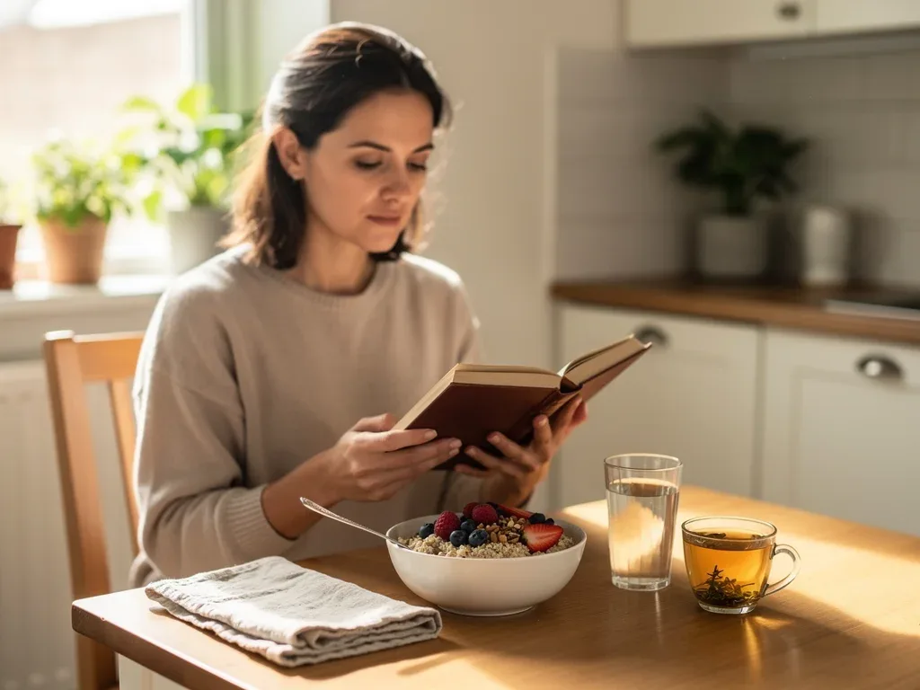 Mindful breakfast with a physical book, promoting sustained focus