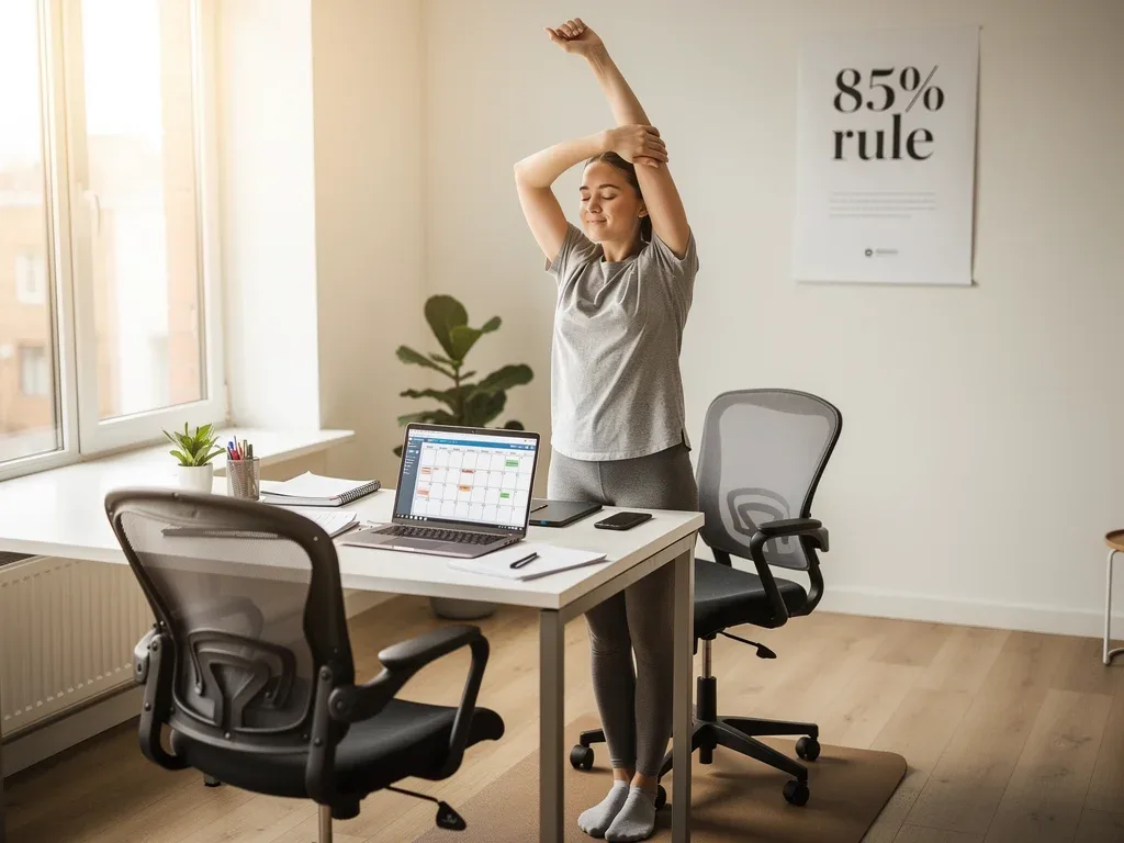 Person stretching mindfully during a work break, promoting wellness with the 85% rule