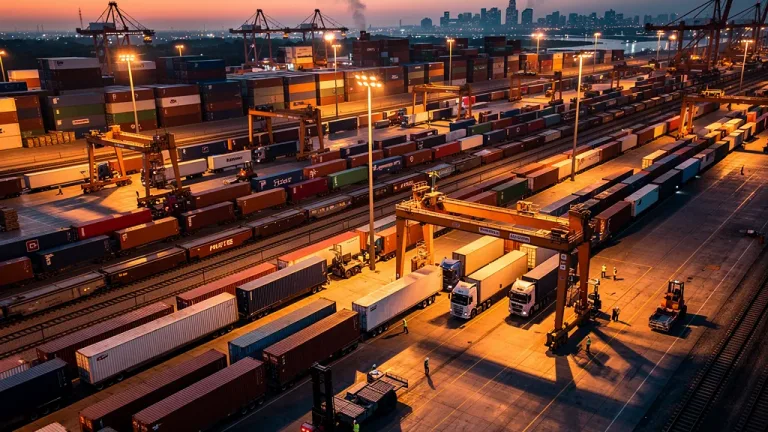 Bustling intermodal freight terminal with trains and trucks