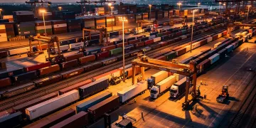 Bustling intermodal freight terminal with trains and trucks