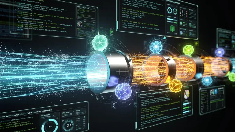 Autonomous AI agents actively repairing a digital DevOps pipeline, symbolizing reduced downtime.