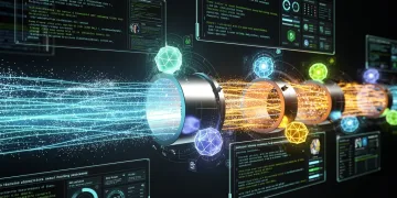 Autonomous AI agents actively repairing a digital DevOps pipeline, symbolizing reduced downtime.
