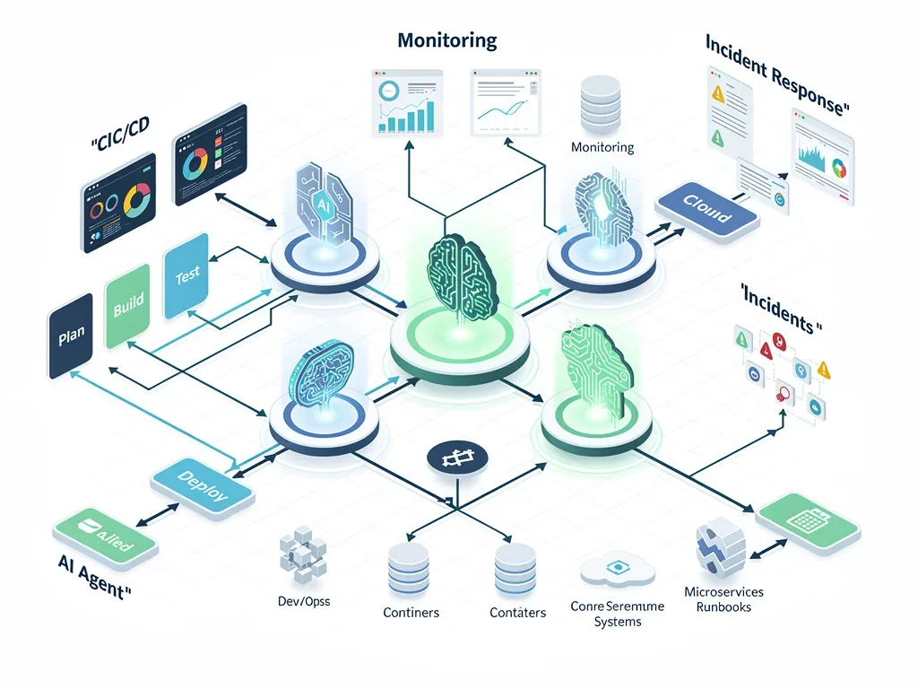 Integration of AI agents in a complex DevOps ecosystem network diagram.