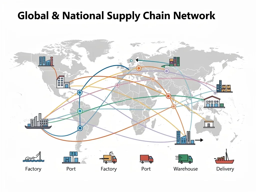 Interconnected global and national supply chain network visualization