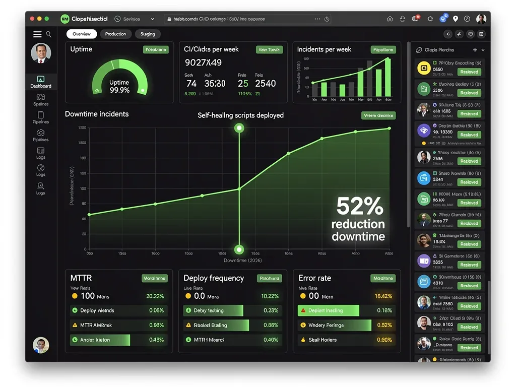 DevOps dashboard showing 52% pipeline downtime reduction with AI self-healing.