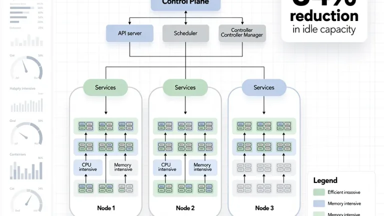 Kubernetes cluster architecture showing optimized resource allocation and a significant reduction in idle overhead.