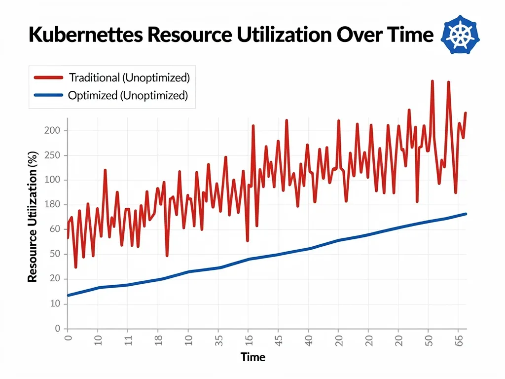 Graph comparing unoptimized vs. optimized Kubernetes resource utilization over time.