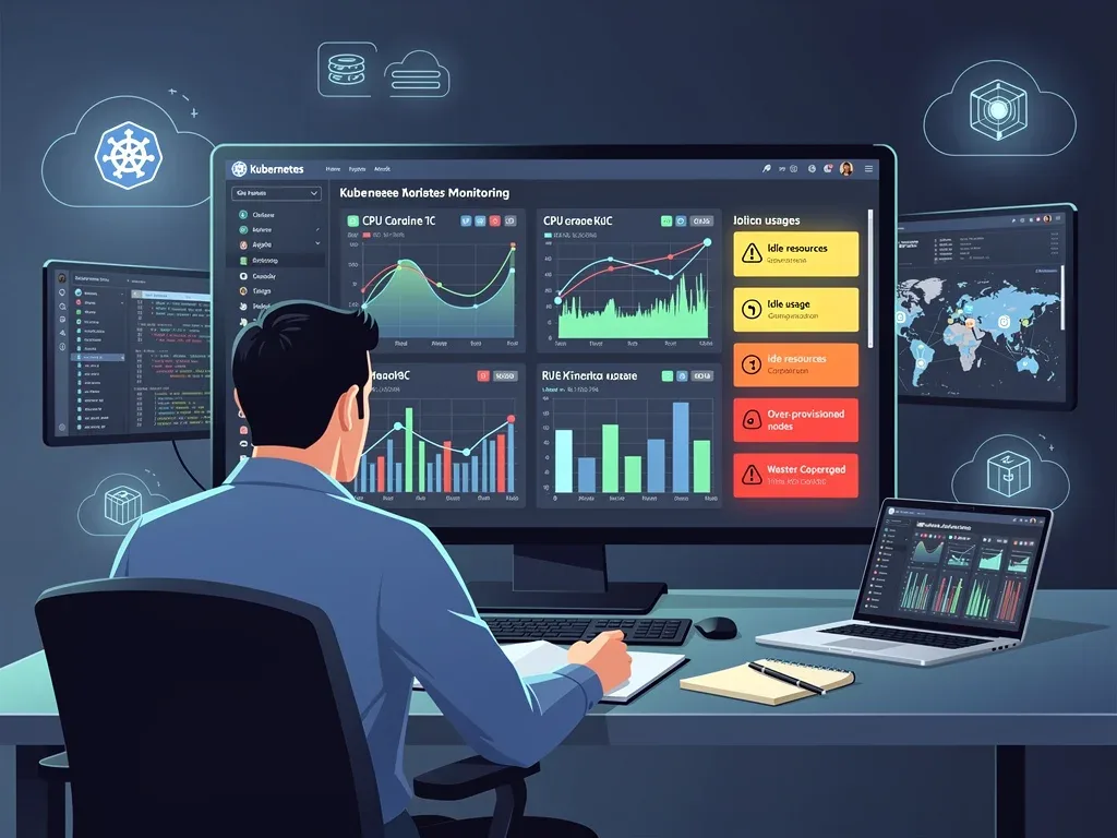 DevOps engineer monitoring a Kubernetes resource utilization dashboard with real-time metrics.