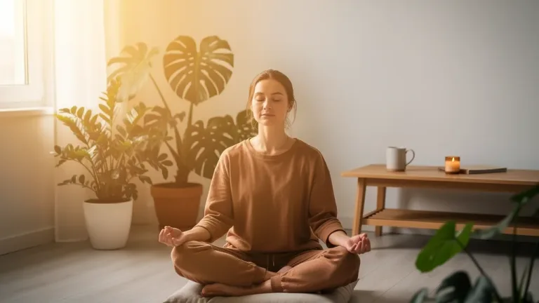 Serene woman meditating in a minimalist living room, embracing mindful solo living.