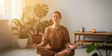 Serene woman meditating in a minimalist living room, embracing mindful solo living.