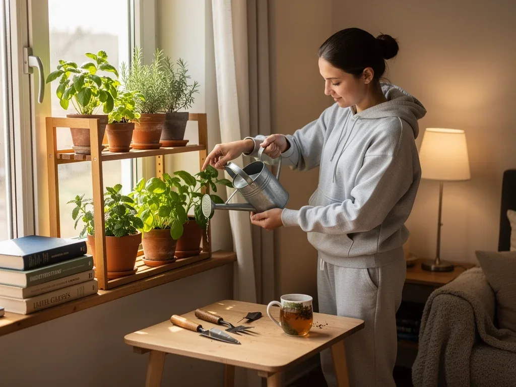 Person nurturing an indoor herb garden, a mindful solo living self-care practice.
