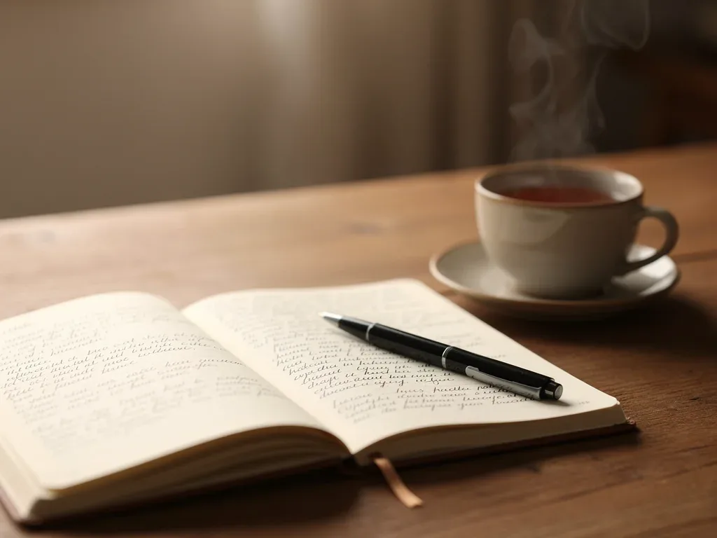 Open journal and pen on a table with tea, symbolizing reflective writing for solo living.