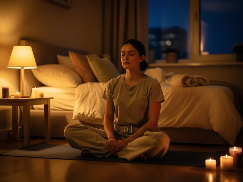 Person practicing pre-sleep relaxation techniques