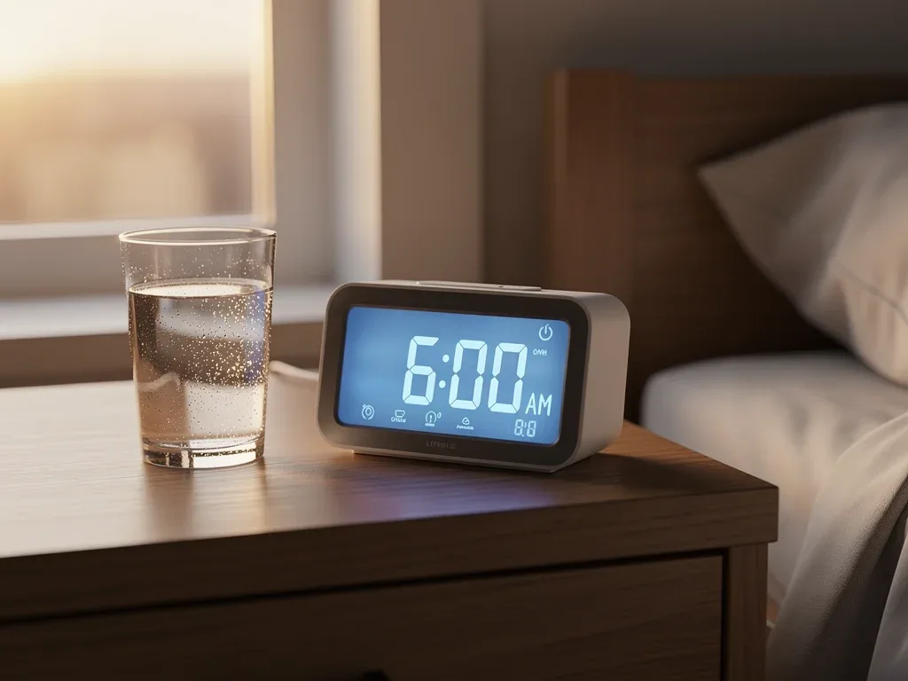 Digital alarm clock with glass of water for consistent wake-up