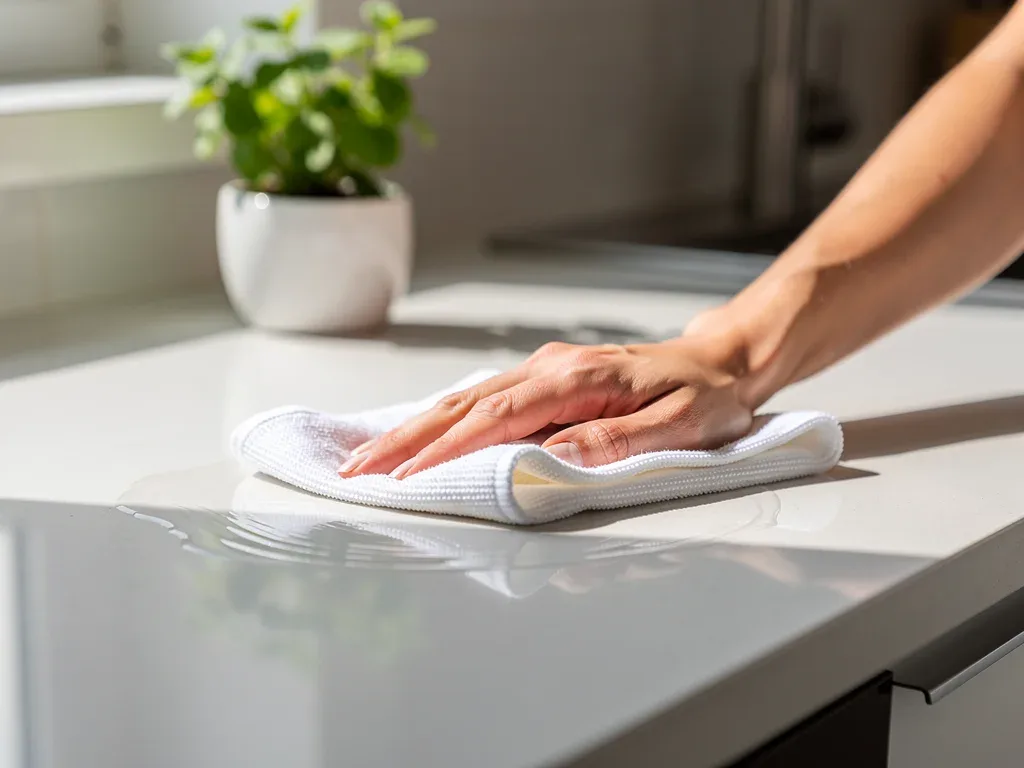 Person wiping down kitchen counter as part of daily cleaning routine