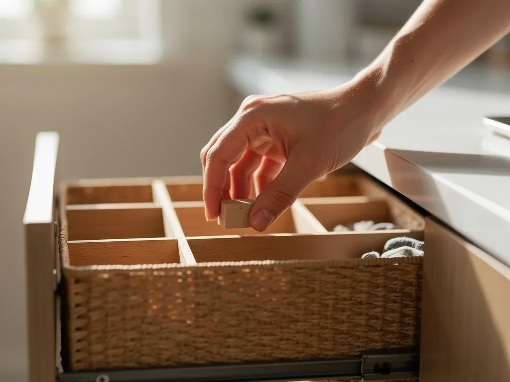 Hand putting away an item into a designated storage basket, illustrating micro-habit