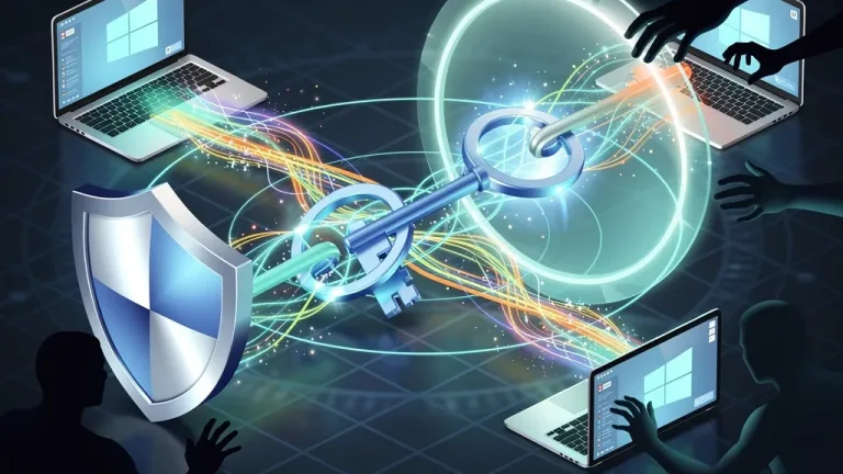 Secure digital network with glowing passkeys protecting enterprise data on Windows and macOS devices from phishing threats.