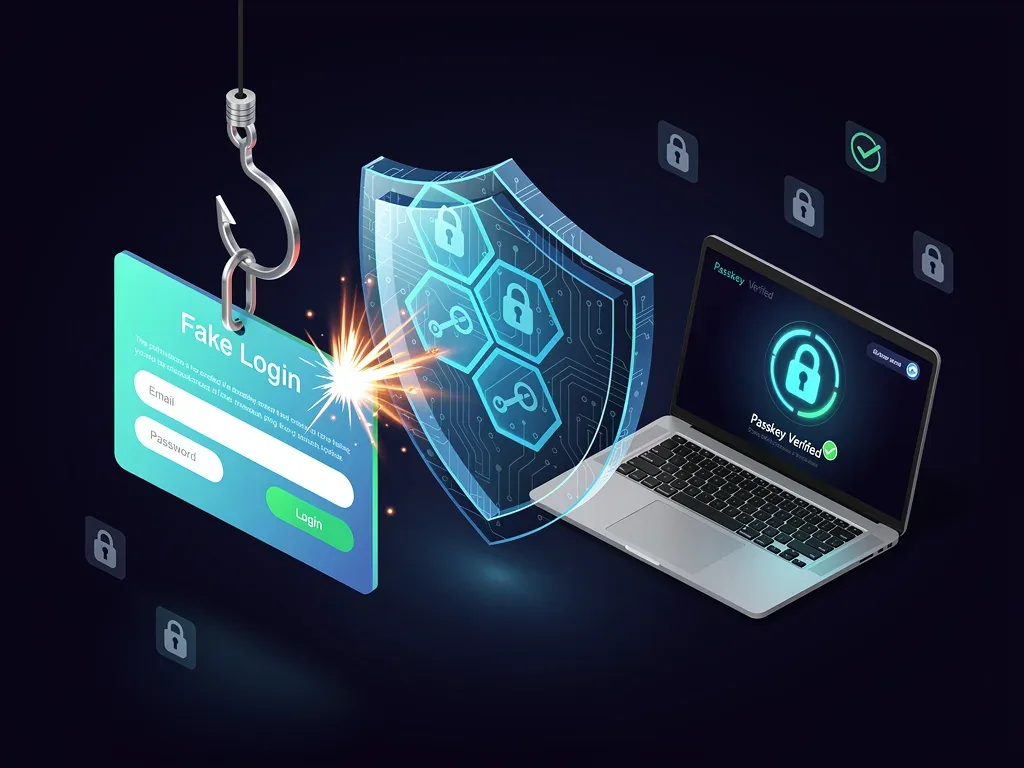 Passkeys disrupting phishing attack lifecycle, showing a digital shield blocking a fake login page.