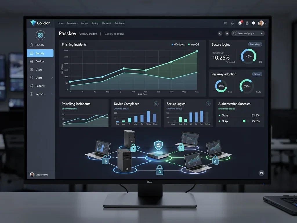 Multi-platform dashboard showing passkey deployment success across Windows and macOS, with phishing reduction metrics.