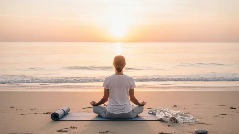 Woman meditating by the ocean during a sunrise wellness micro-vacation.