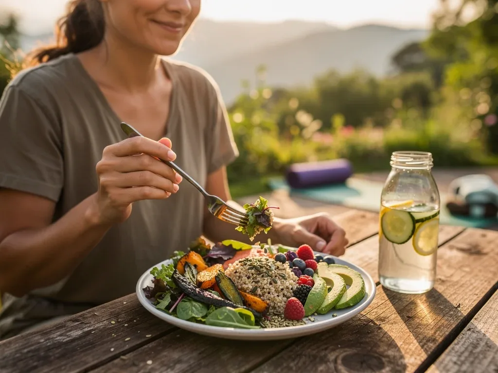 Healthy meal at an outdoor wellness retreat during a micro-vacation.