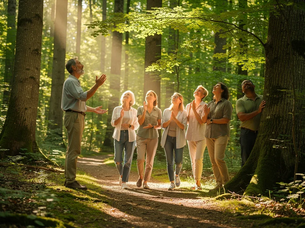 Group enjoying a nature walk as part of a wellness micro-vacation.