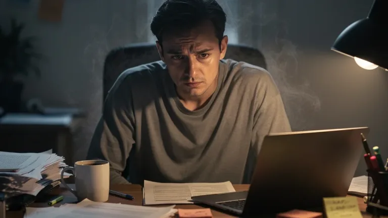 Exhausted person displaying hidden burnout signs in a dimly lit office.