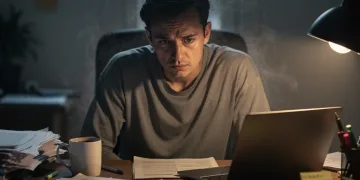 Exhausted person displaying hidden burnout signs in a dimly lit office.