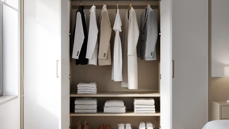 Organized 24-piece minimalist capsule wardrobe with neutral clothing