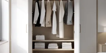 Organized 24-piece minimalist capsule wardrobe with neutral clothing