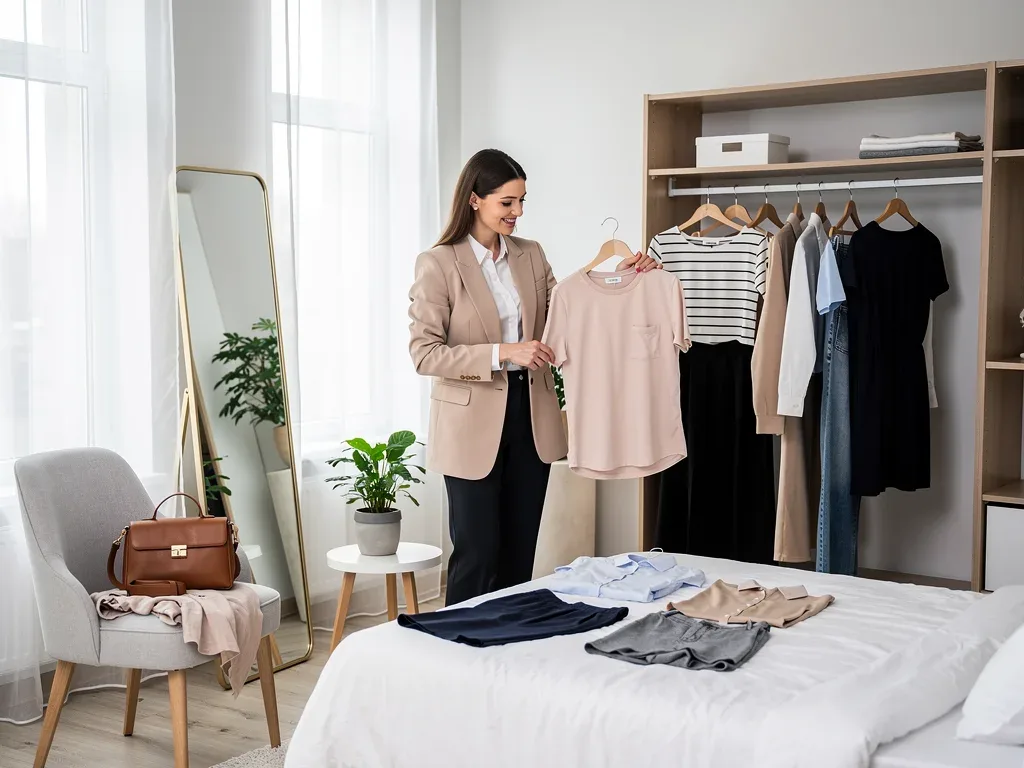 Woman creating multiple outfits from her capsule wardrobe