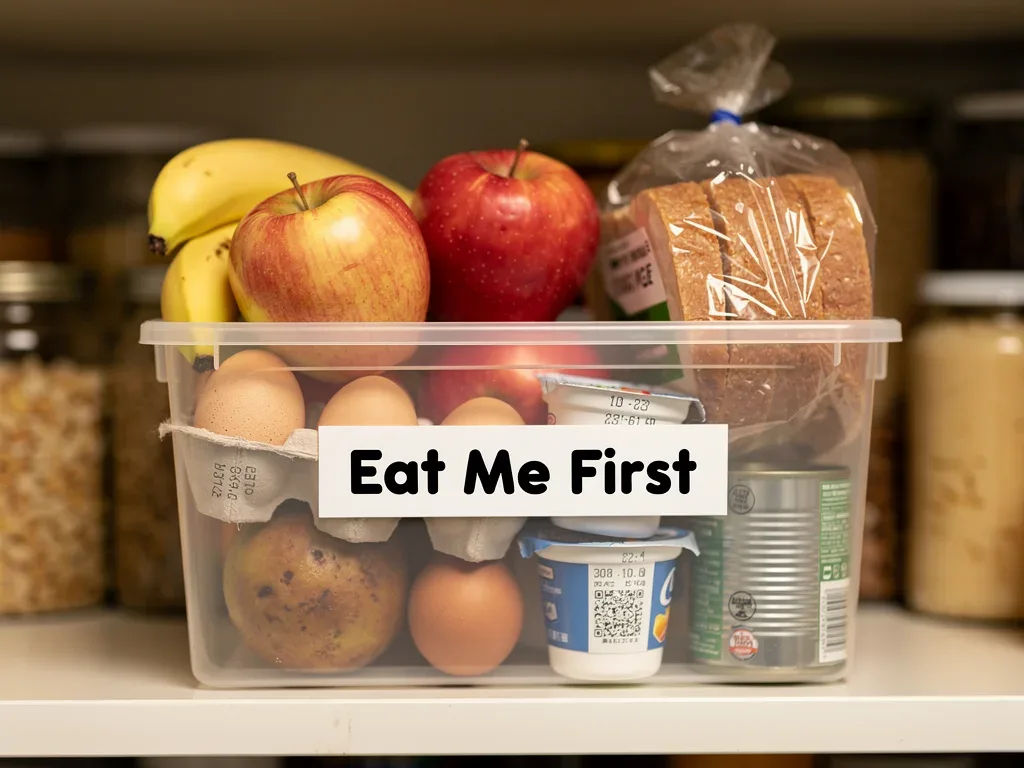 Eat Me First bin in a pantry with expiring food items