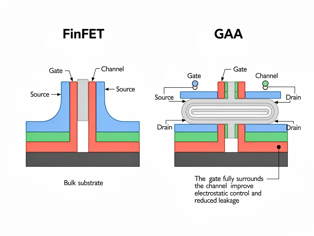 Comparison diagram of FinFET versus Gate-All-Around transistor architectures.