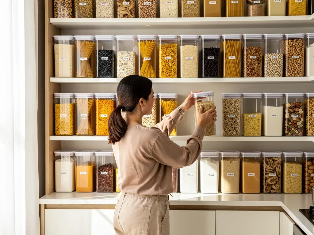 Person organizing dry goods into airtight containers in a pantry