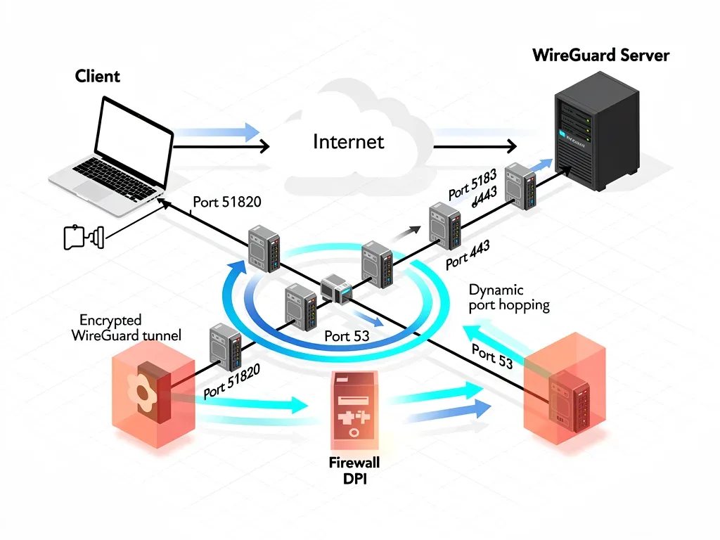 Network diagram of WireGuard dynamic port hopping bypassing DPI