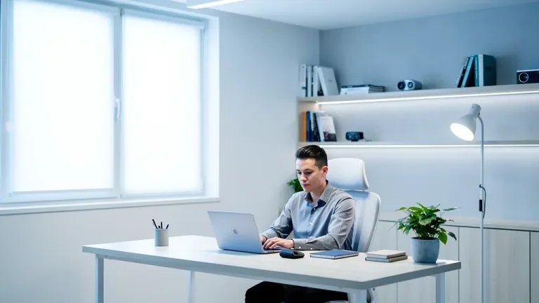 Bright home office with cool-toned circadian lighting enhancing focus
