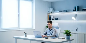 Bright home office with cool-toned circadian lighting enhancing focus