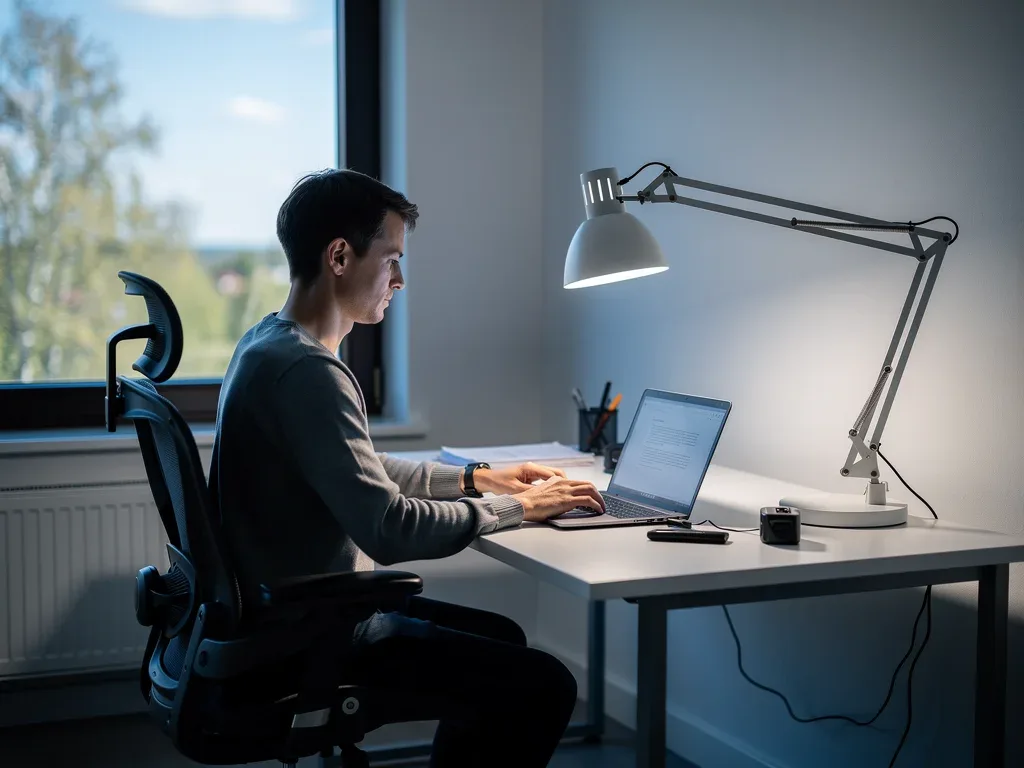Person working under a cool-white task lamp for enhanced daytime focus