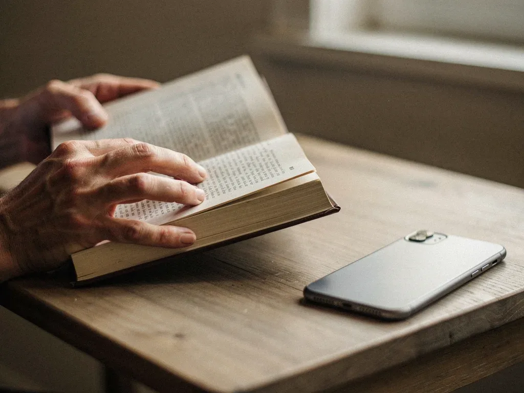 Hands holding a book, phone face down, representing analog engagement.