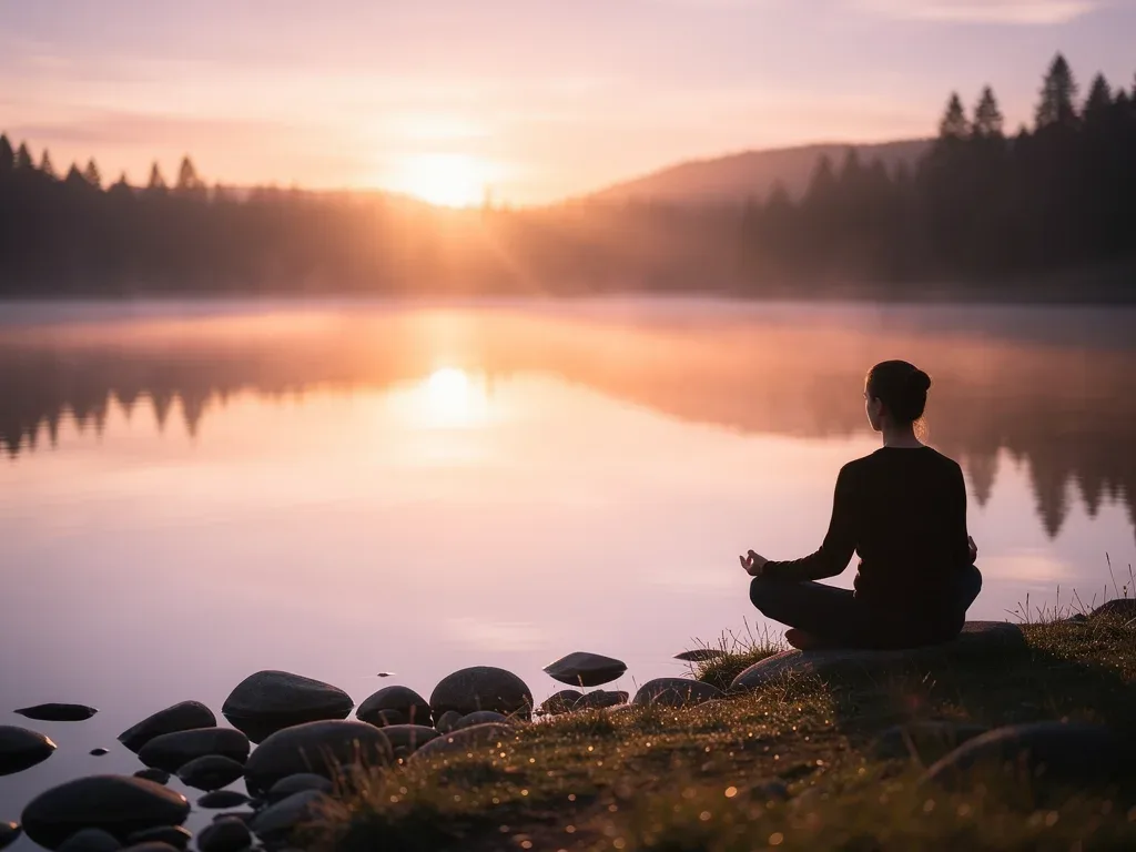 Sunrise over lake with meditating person, symbolizing peace and reflection.
